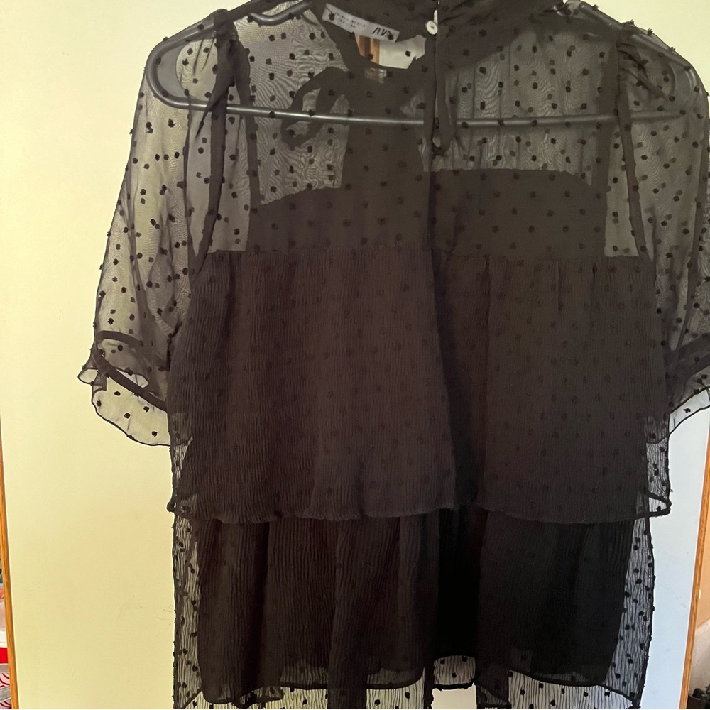 Zara Black Sheer Dot-Tier Tie-Neck Blouse - Picture 4 of 14